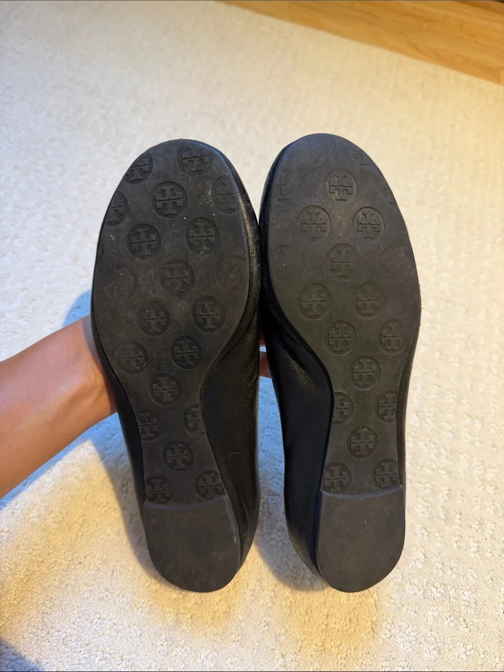 Tory Burch Black Leather Logo Ballet Flats with Gold-Tone Medallions